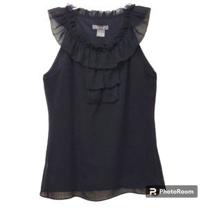 Kenar Sleeveless Lined Black Chiffon Ruffle Neck-Cap Sleeve-Bib 3 Button Front